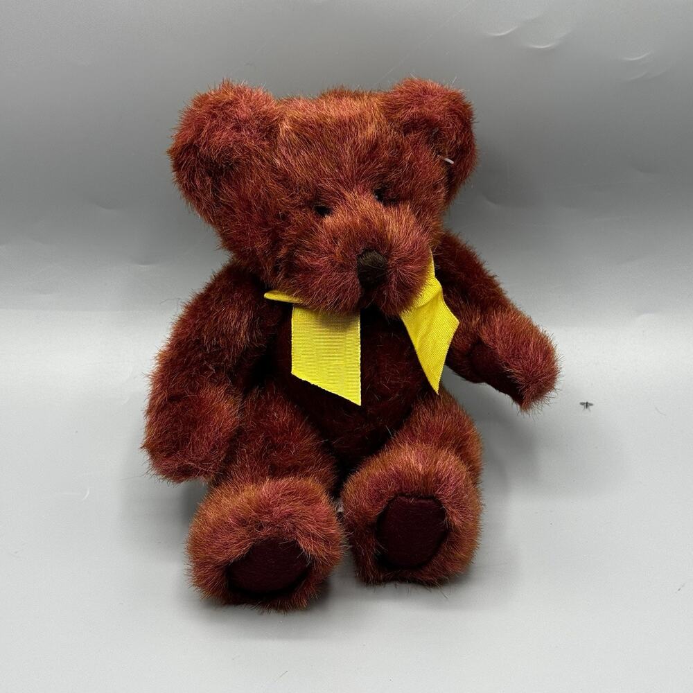 Vintage Russ Berrie TINKER Mini Teddy Bear Plush 8" Burgundy Maroon Yellow Bow